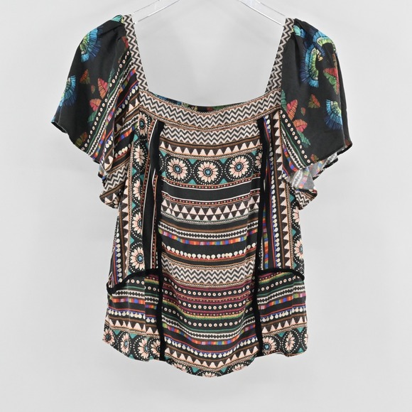 Anthropologie Farm Rio Nicolasa Blouse Size L Flutter Sleeve Boho Butterfly Top - Picture 1 of 12